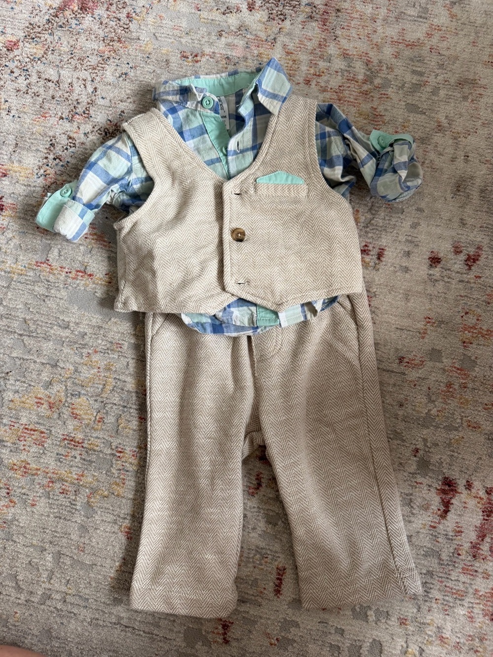 Cherokee Baby Boy 3 Piece Vest Pants Plaid Shirt Set 3-6M